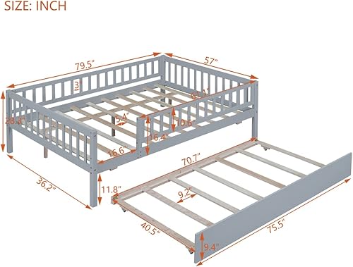 Miniatura 9 de HoRunzelin Twin Size Pine Wood Daybed with Trundle,Fence Guardrails Platform Day Bed for Kids Boys Girls,Walnut
