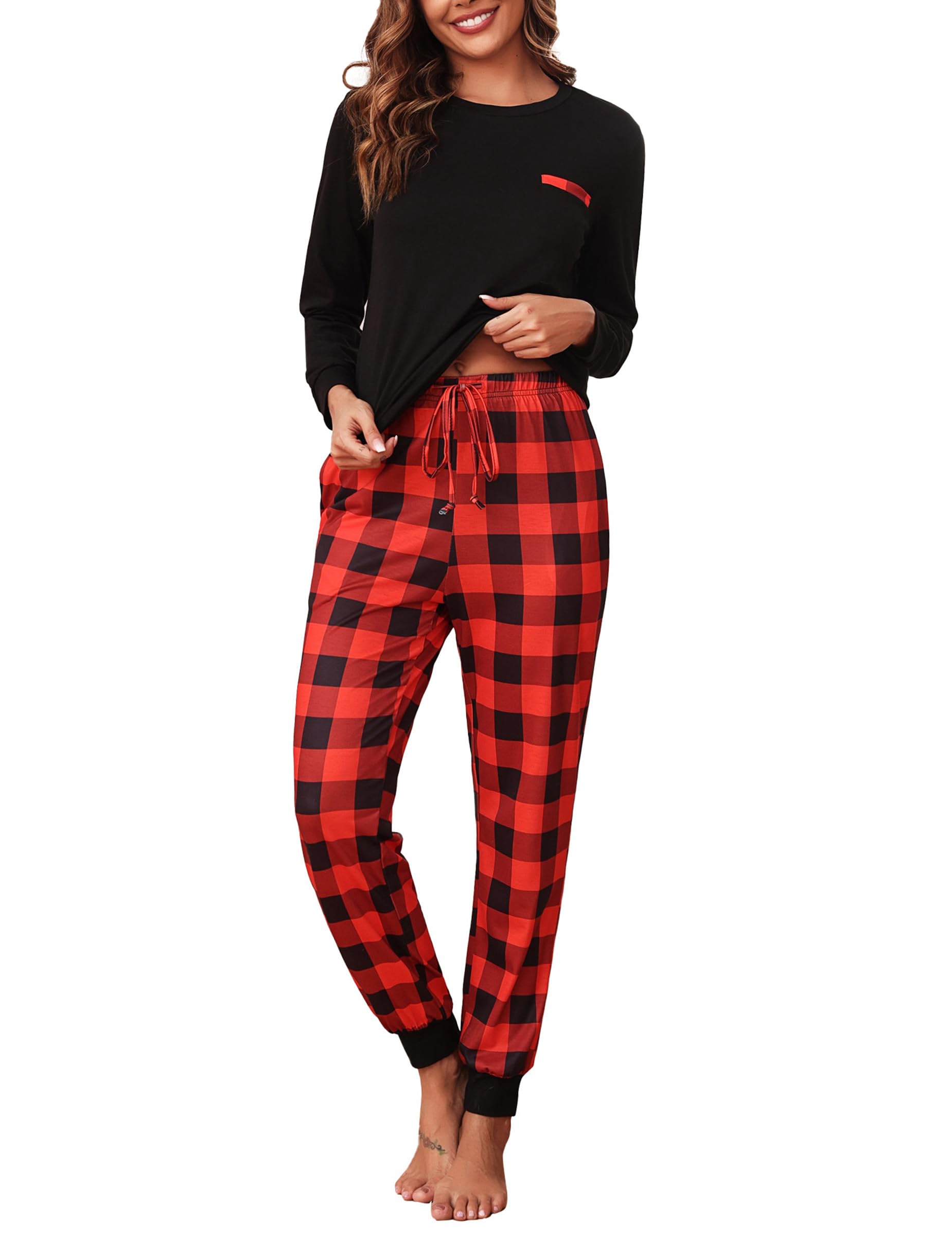 Bresdk Women's Pyjama Sets Cotton Pjs Long Sleeve Nightwear Checked Pants with Pockets