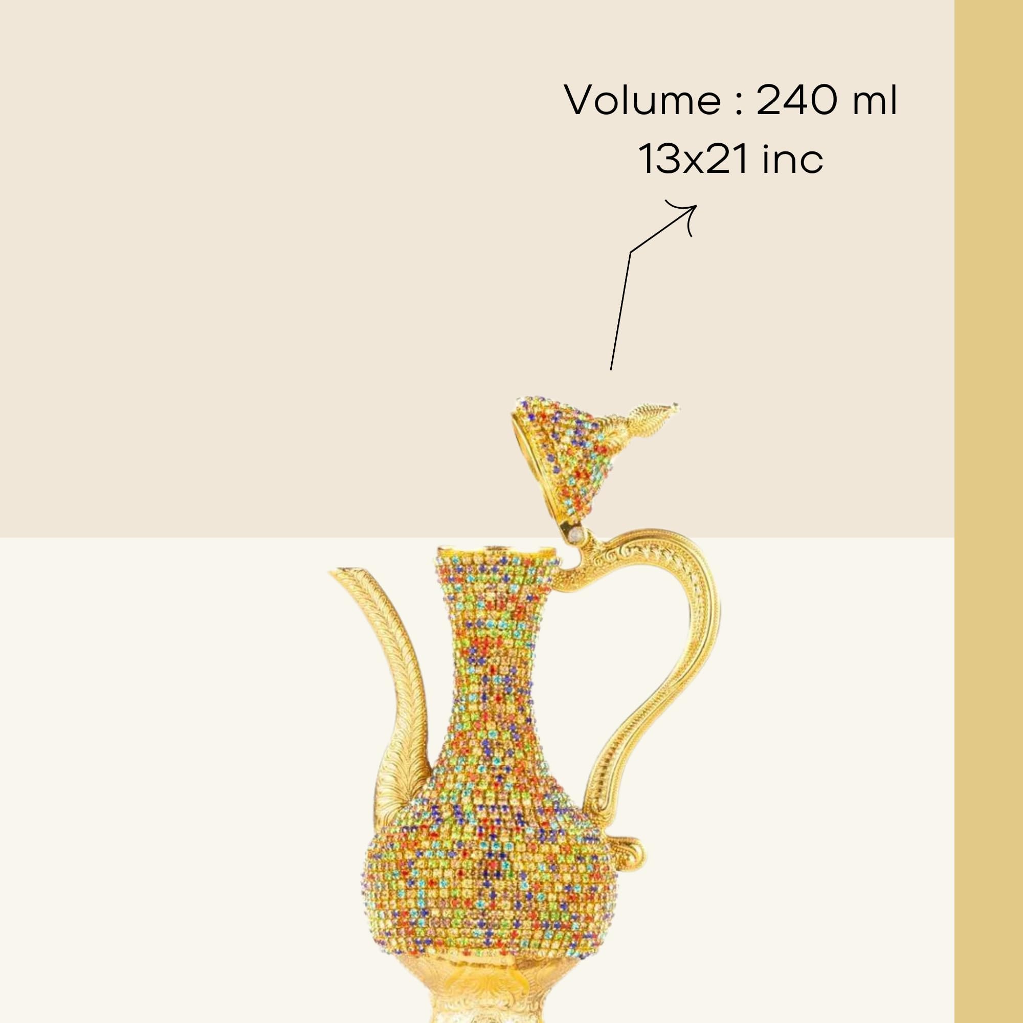 Steel Water Bottle Pitcher with Zirconia Stones | Handmade Metal Carafe Water Tea Coffee Jug Vintage Bottle | Turkish Ottoman Zamzam Pitchers (240 ML / 8.1 Oz, Colorfull Zirconia, Gold Color)