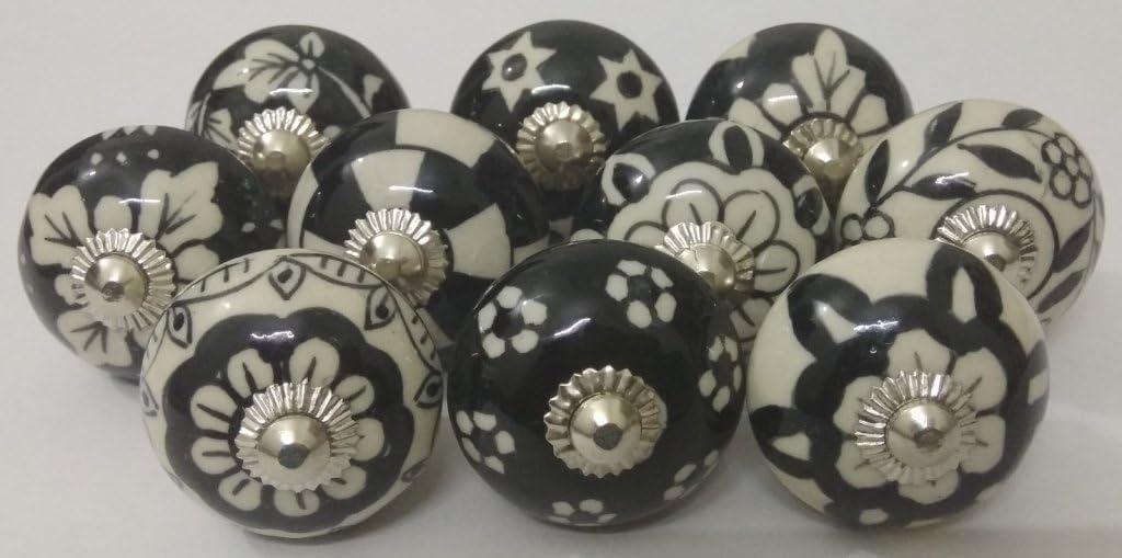 Indian Knobs 10 Black White Mixed Hand Painted Ceramic Knobs Kitchen Cabinet Knobs Drawer Pulls