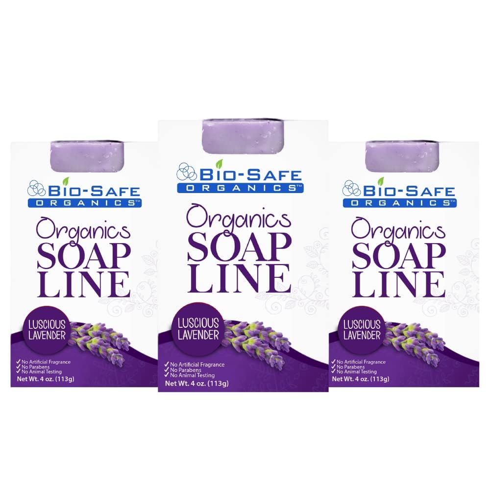 Bio-Safe Organics Luscious Lavender Organic Soap | 100% Organic Handmade Luxurious Bath Soap | All Natural Soap| Relaxing Aromatherapy for All Skins | 100% Natural and Moisturizing 4 Oz/Pack of 3