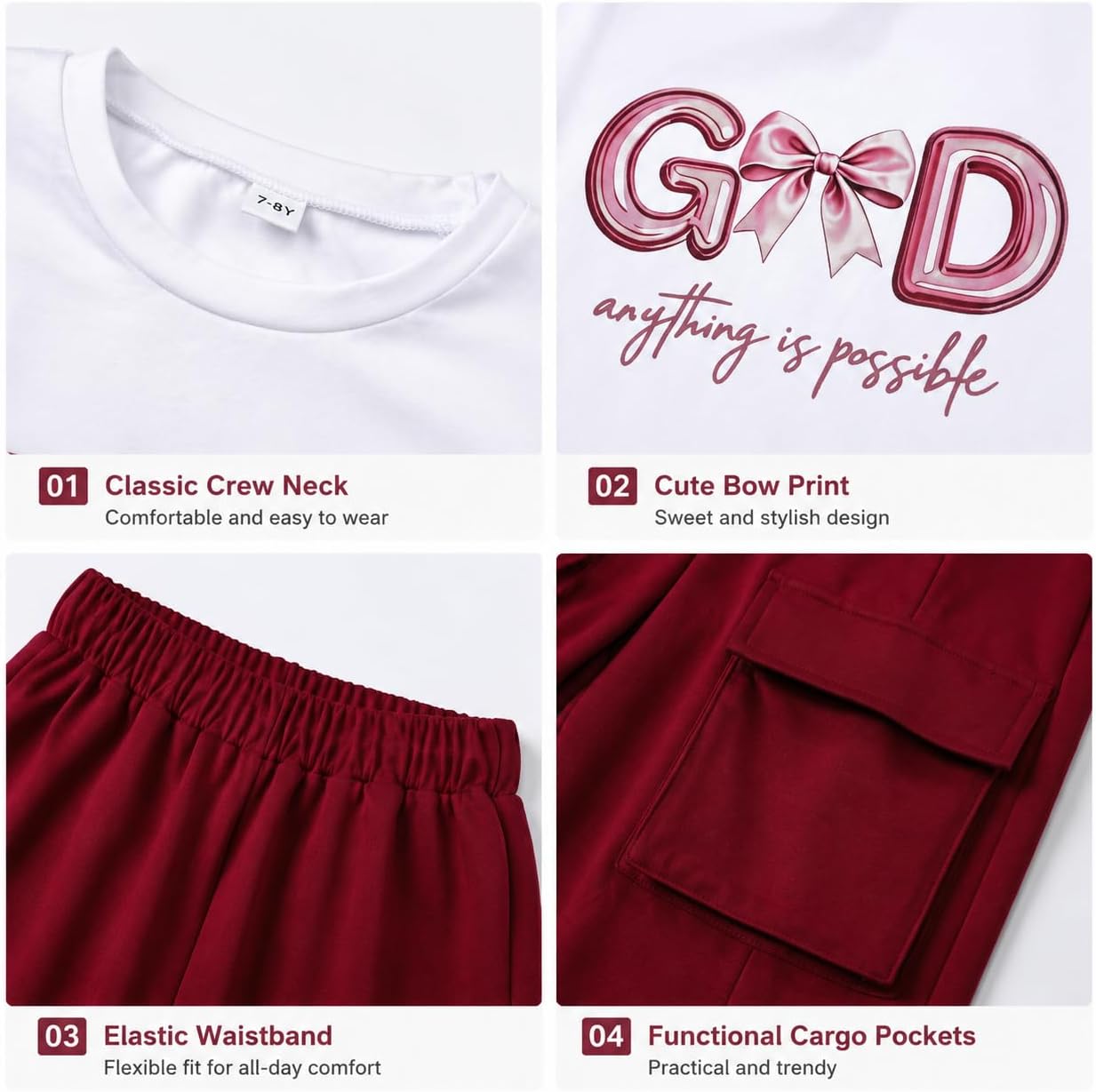 OLMRJKD Girls Clothes Letter Print Short Sleeve Top & Cargo Pants 2PCS Girls Clothing 7-16 Years