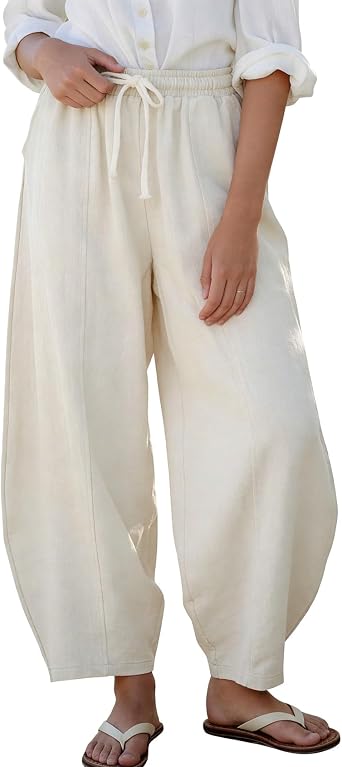 Kissonic Womens Cotton Linen Pants Wide Leg Trouser Elastic Waist Casual Baggy Harem Pants with Pockets