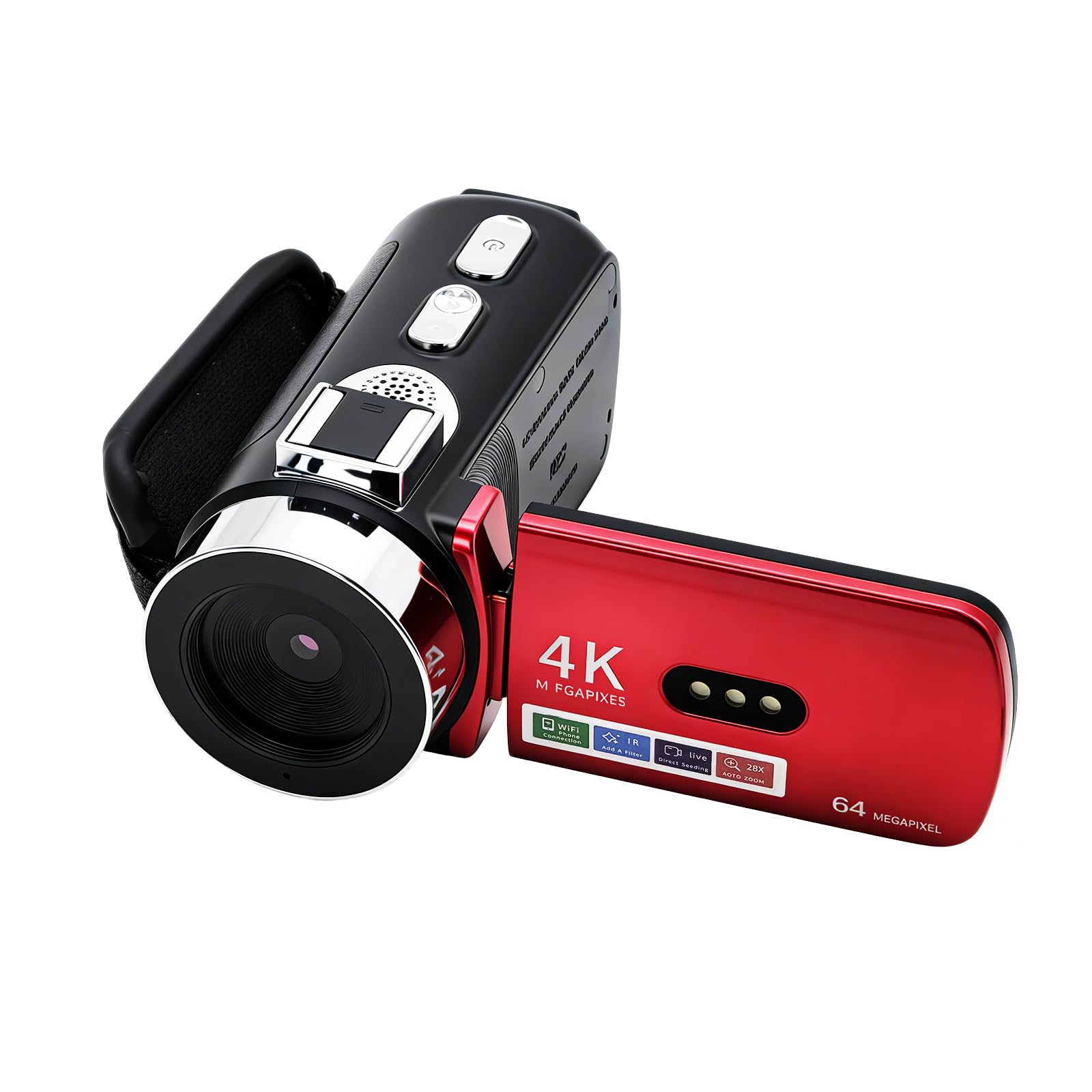Flylin Caméra vidéo 4K, caméra de vlogging avec WiFi, vision nocturne infrarouge, 64 MP et zoom numérique 28x, filtre rétro et mode beauté et microphone, écran rotatif IPS 3" et batterie 4800 mAh
