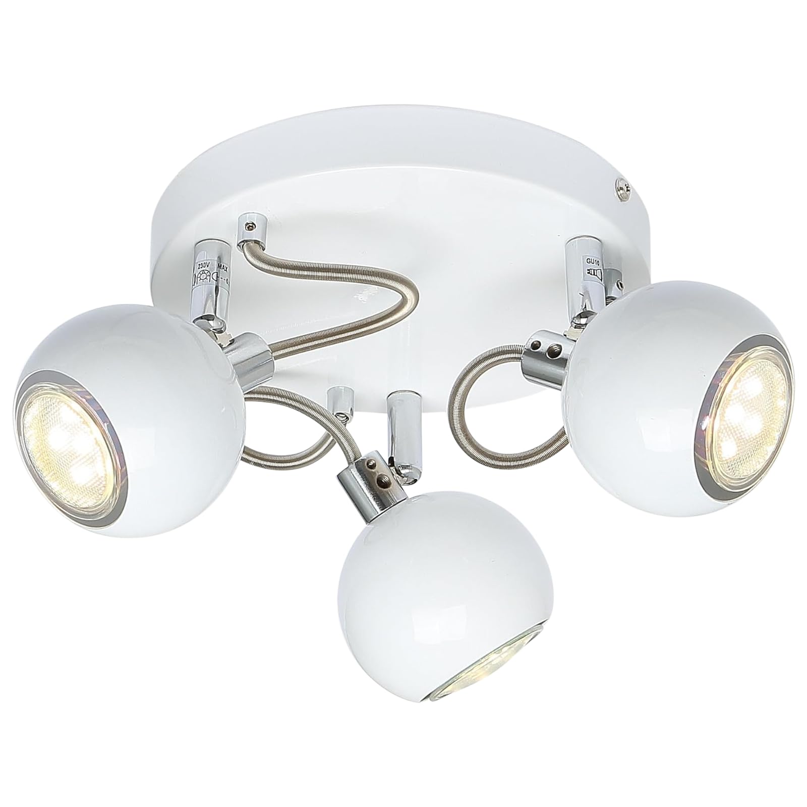 Ukew Black 3 Way Round Ceiling Spotlight - Modern Adjustable Retro Eyeball Heads Led Gu10 Compatible Light Fixture (Gloss White & Chrome)