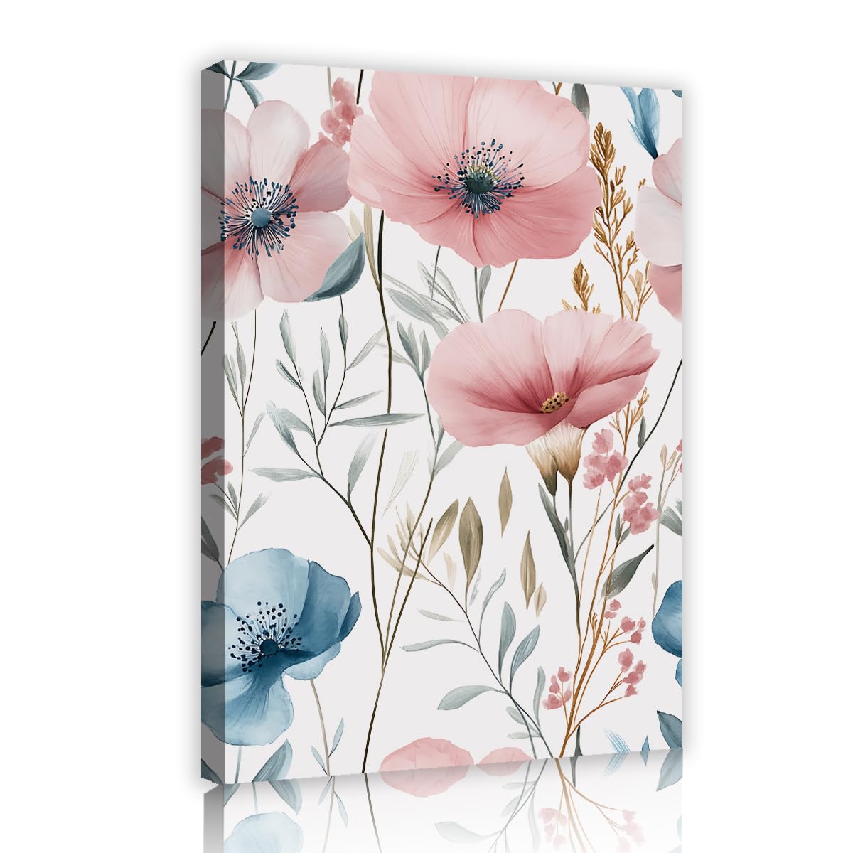 TOANGWALL Pink Blue Floral Framed Painting Soft Pastel Botanical Poster Watercolor Wildflower Canvas Wall Art Delicate Garden Pictures For Bedroom Nursery Decor 60x90cm
