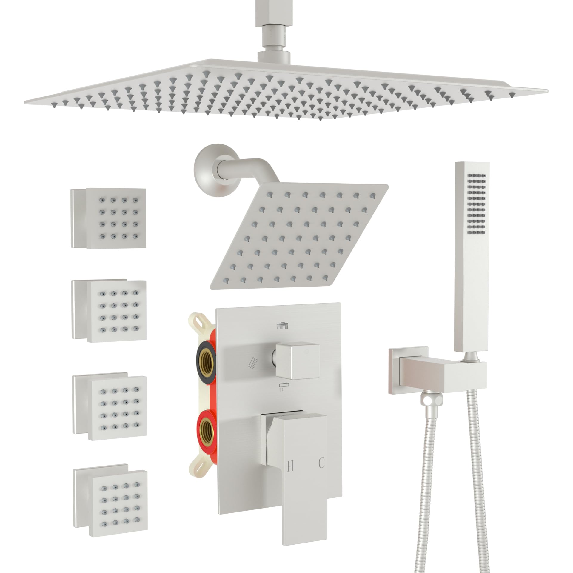 Enga Dual Shower Head Shower System with Body Jets, 12" Ceiling Mounted Rain Shower Head & 6" Wall Mounted Head Full Body Rainfall Shower Faucet with Valve Kit, Brushed Nickel