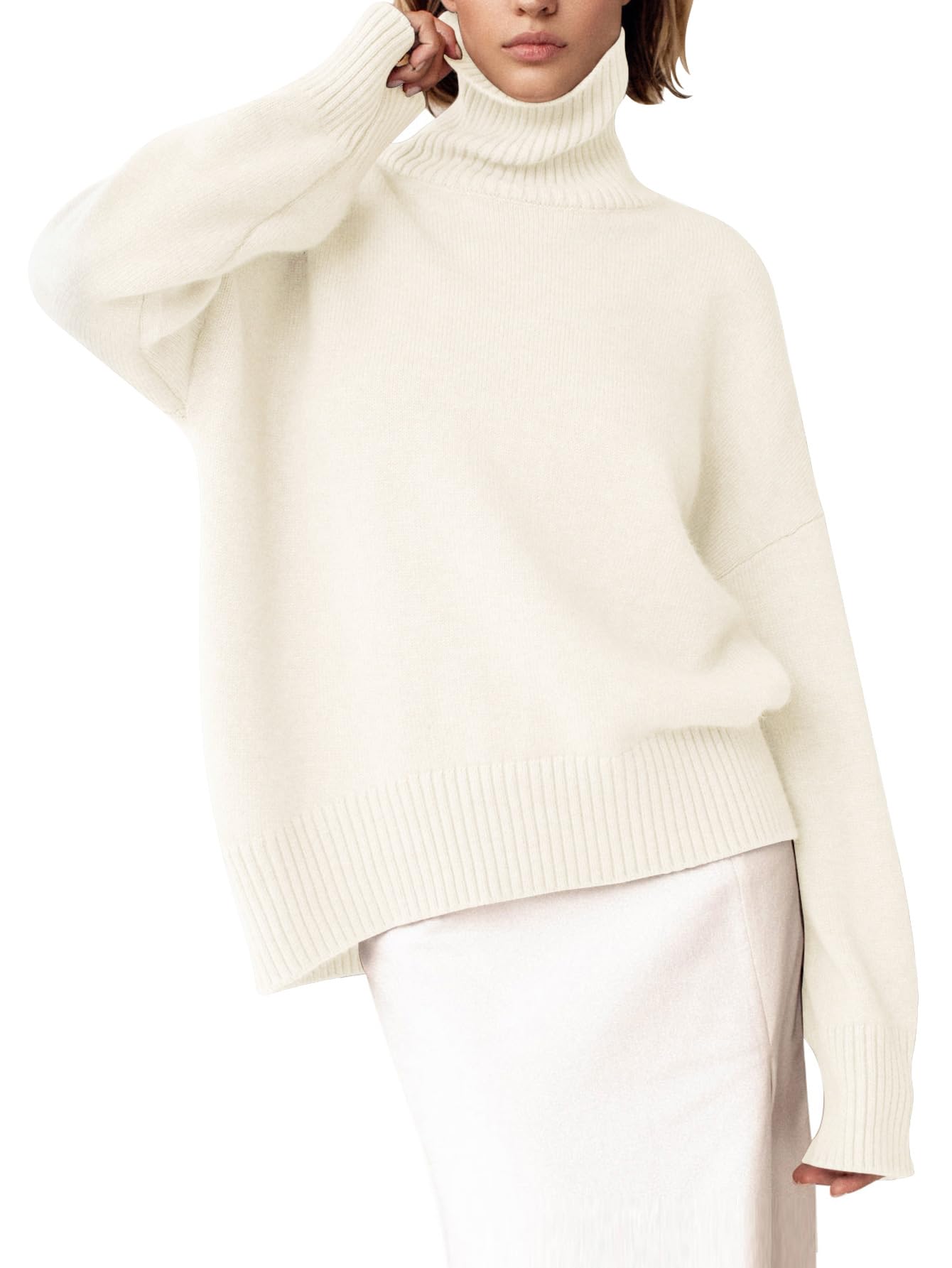 YKR Women's Turtleneck Sweater Chunky Long Sleeve Knitted Pullover High Low Hem Sweater Jumper Top White XS