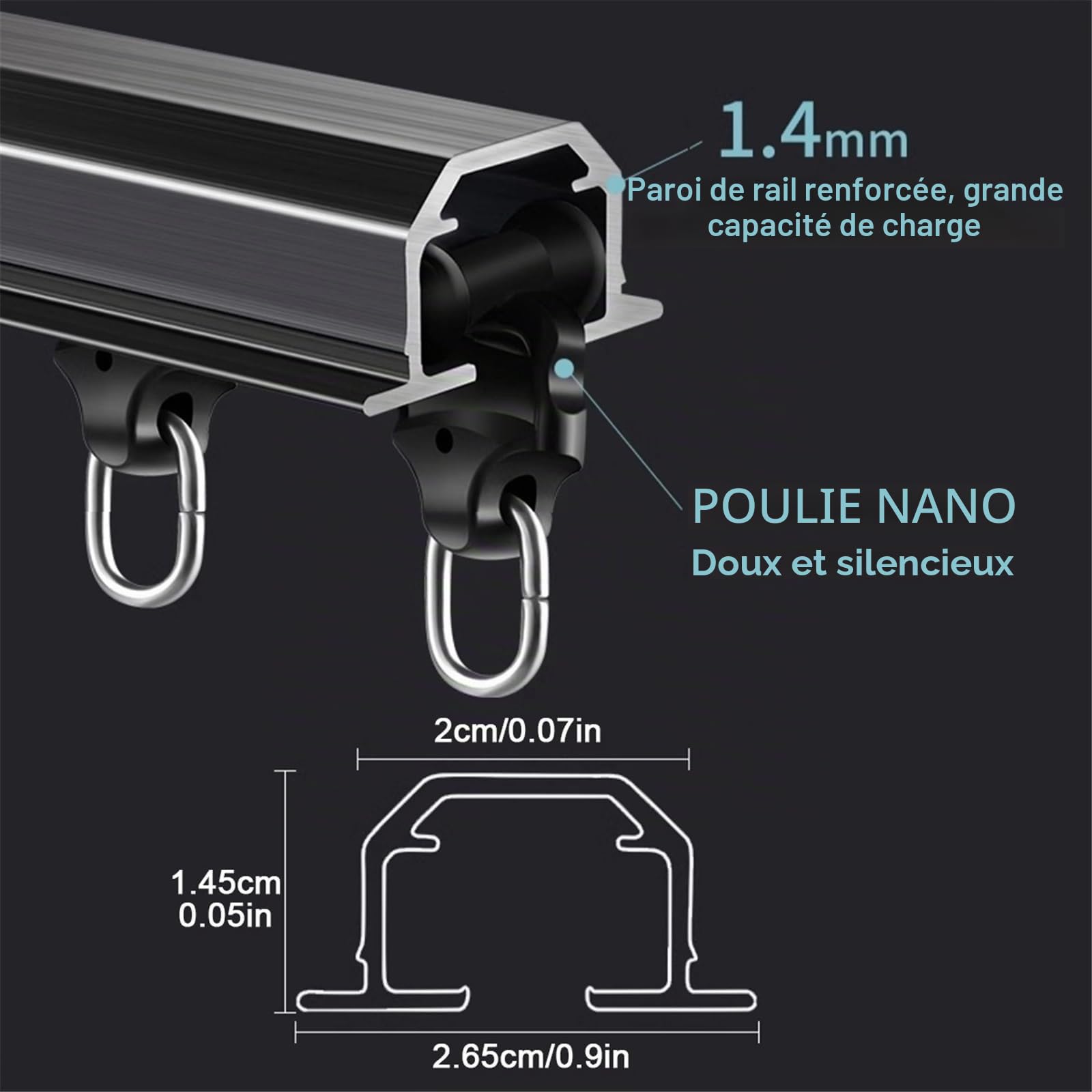 Rail De Plafond Caché, Rail De Rideau En Aluminium Encastré, Tringle À Rideau Robuste Avec Rouleaux Lisses, 100-600 Cm, Noir(Blanc,240cm/7.9ft(2 * 120cm))