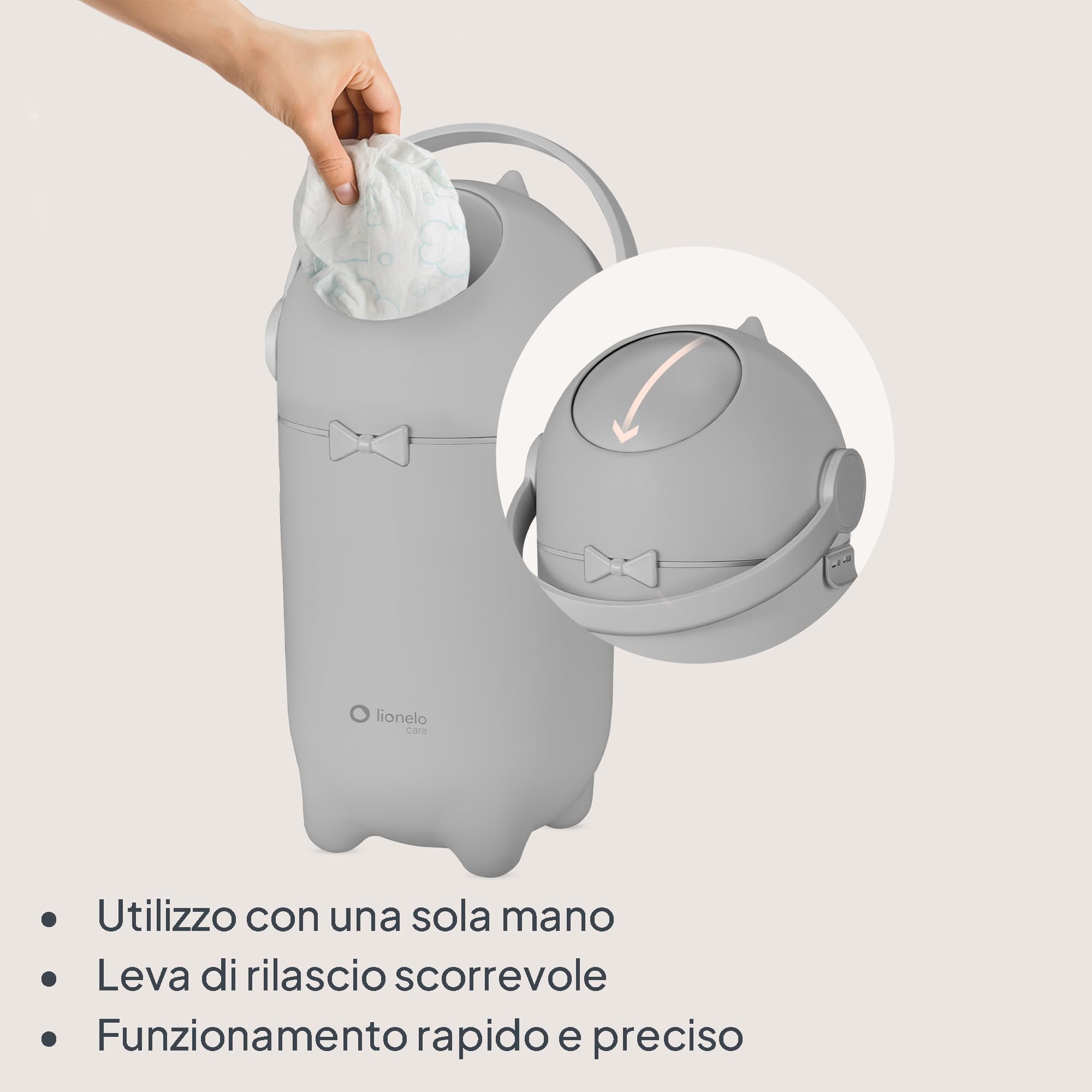 lionelo PUREBIN Mangiapannolini Universale che non lascia uscire gli odori, per sacchetti universali senza ricariche costose, bidone pannolini per neonati, uso con una mano, 10 l (Grigio)