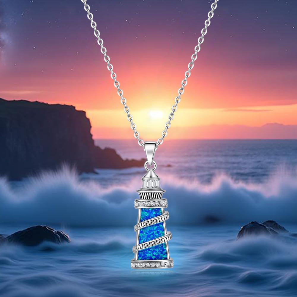 Lighthouse Necklace for Women S925 Sterling Silver Lighthouse Pendant Blue Opal Jewelry Gift for Women Birthday Graduation Halloween Christmas Thanksgiving - Image 8