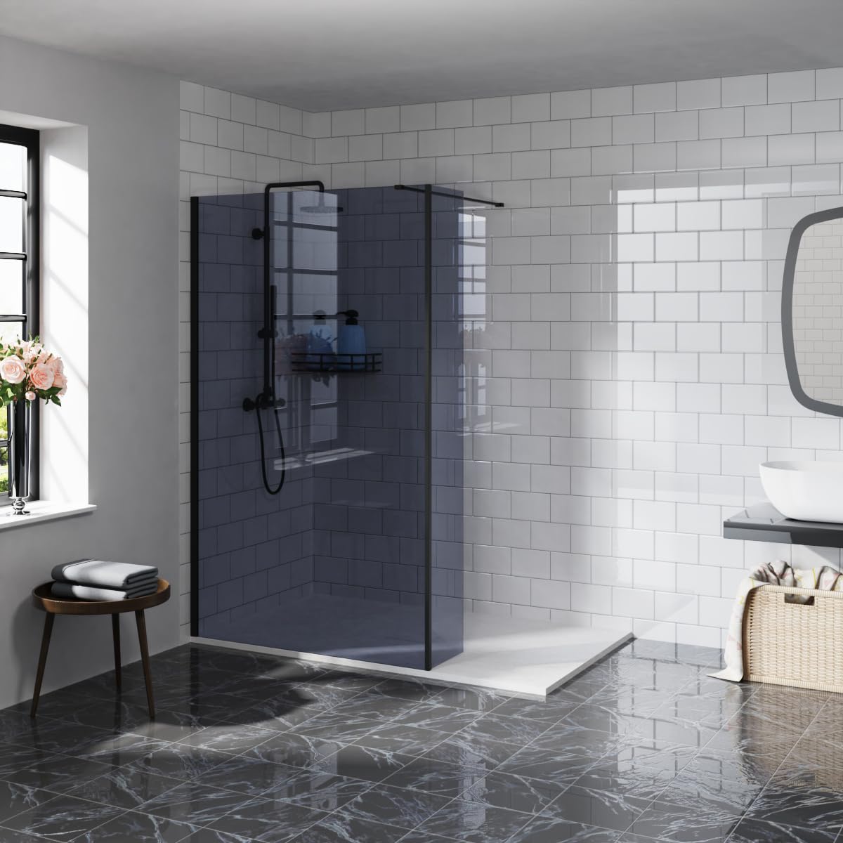 Aquariss Black 1200Mm Grey Glass Walk In Shower Screen With 300Mm Return Panel