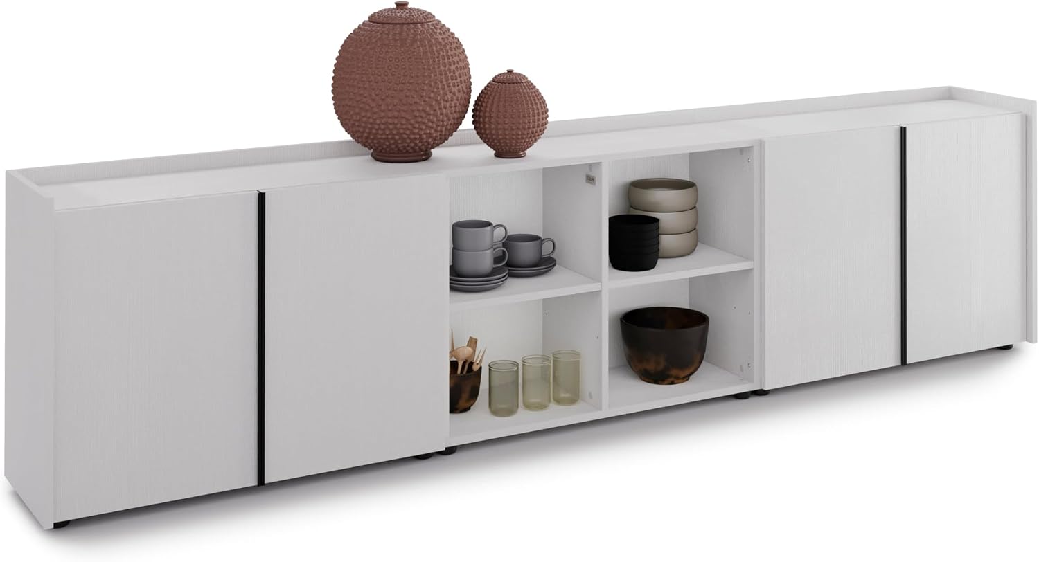 Mobili Fiver, Romina Low Sideboard (107.71x14.17x27.55 in), 4 Doors, Ashwood White, Made in Italy