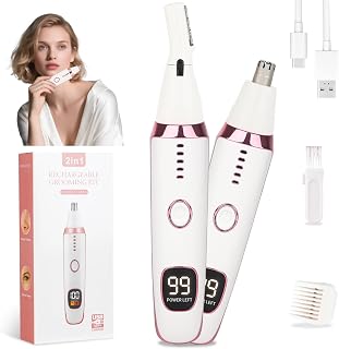 Mendaping 2-in-1 Nose Ear Eyebrow Trimmer for Men Women - LED Display, USB Rechargeable, Waterproof Facial Hair Remover, Pink (2025 Portable)