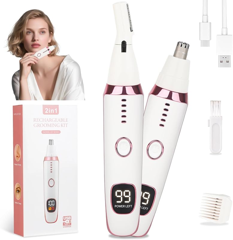 Aparador 2 em 1 Mendaping para pelos do nariz, orelhas, sobrancelhas e rosto, rosa, com visor LED, lâminas duplas, USB-C e capa protetora