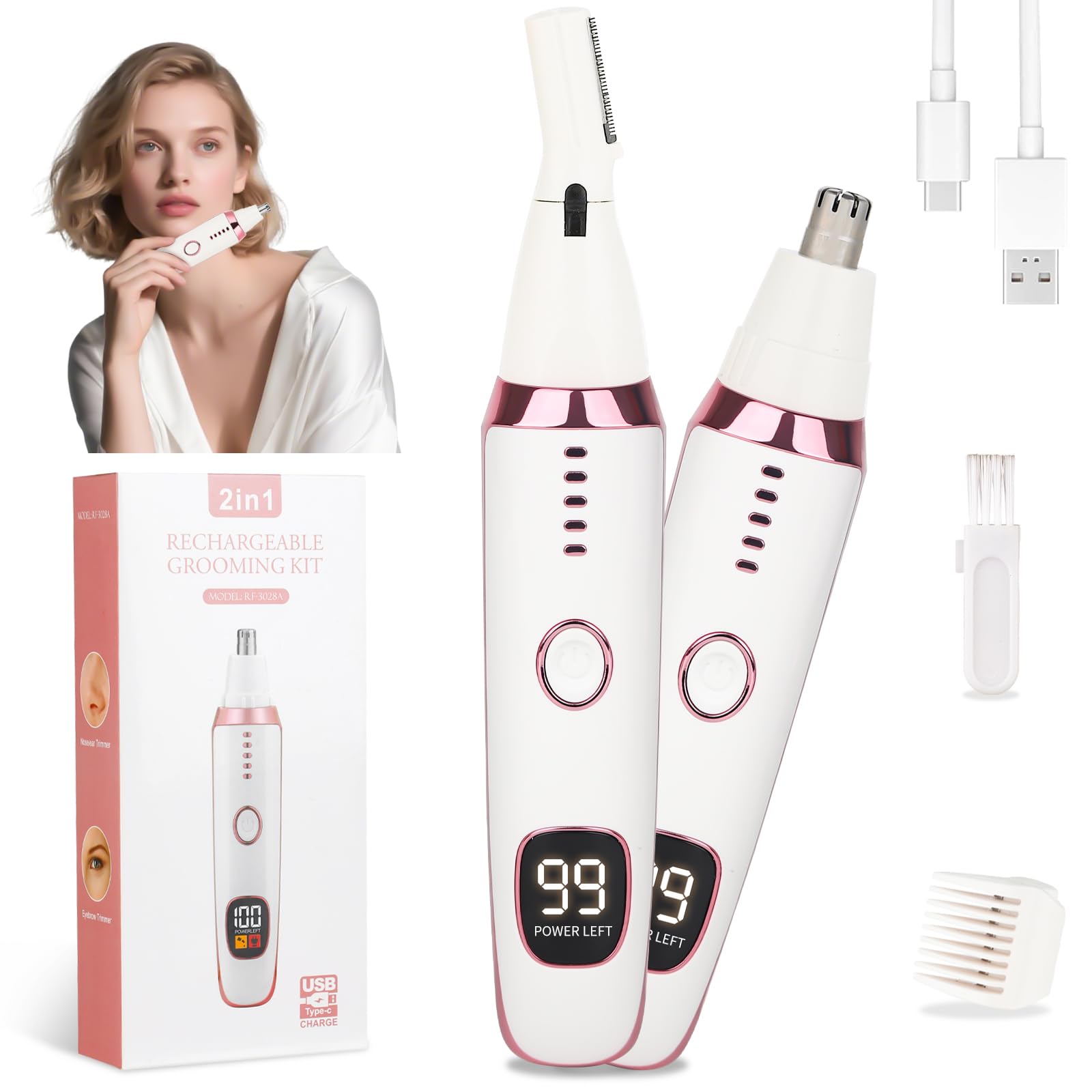 Nose and Ear Hair Trimmer for Women Men 2 in 1 LED Display Eyebrow Hair Trimmer with USB