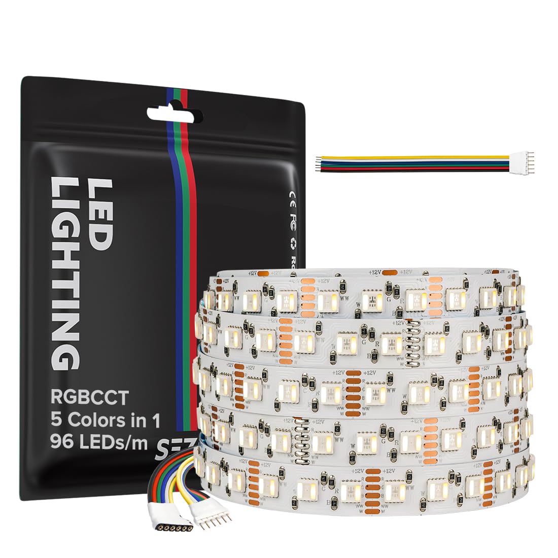 SEZO 5050 RGBCCT striscia LED 5 in 1 RGB+bianco caldo 3000K-6000K 12V 5M 96LEDs/M IP30 non impermeabile RGBW RGBWW Super luminoso LED Band per l'illuminazione di casa e in camera da letto