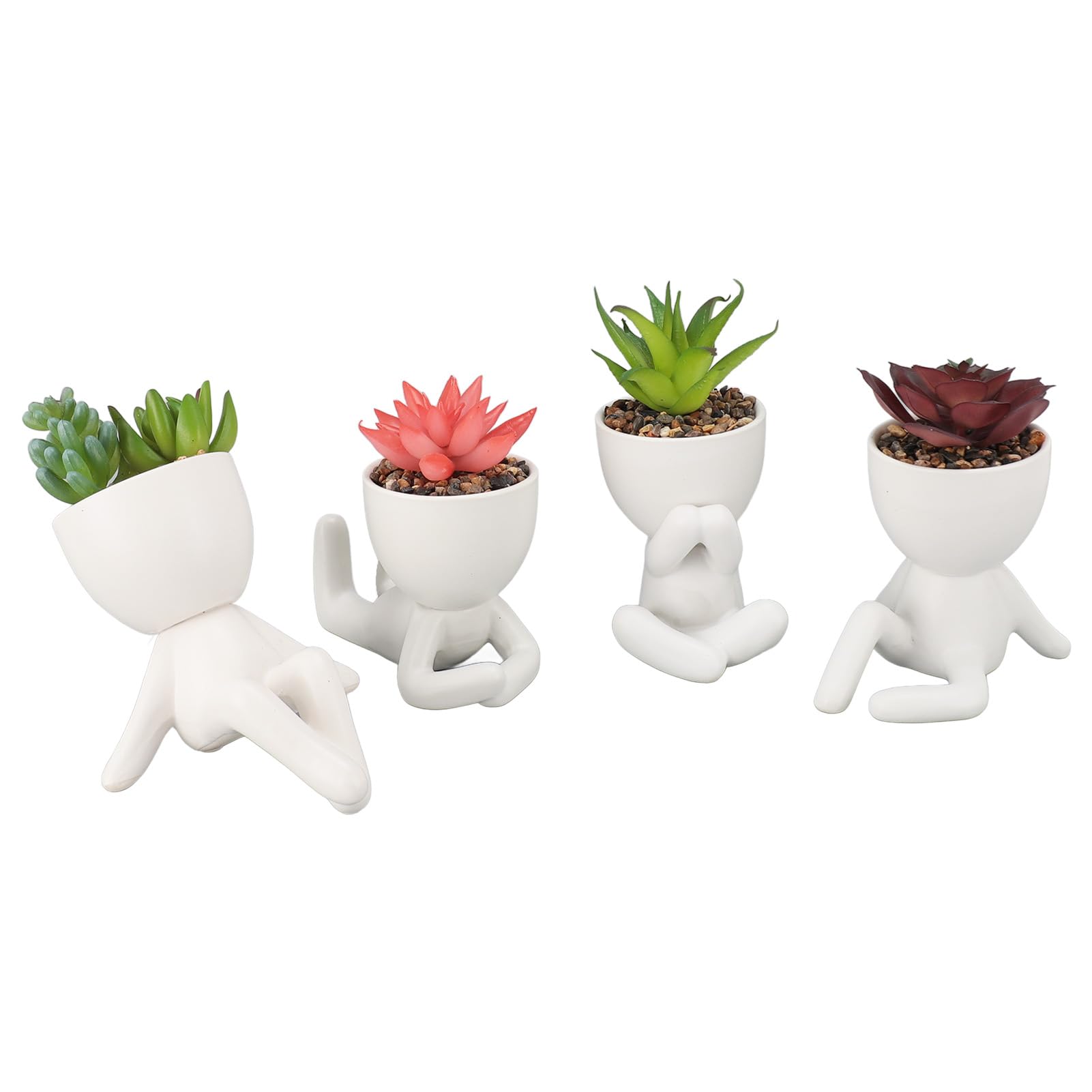 TOPINCN Set di 4 Piante Succulente Artificiali, Vasi Succulenti Finti in Ceramica con Disegni a Forma Umana per la Decorazione della Mensola del Soggiorno Dell'ufficio