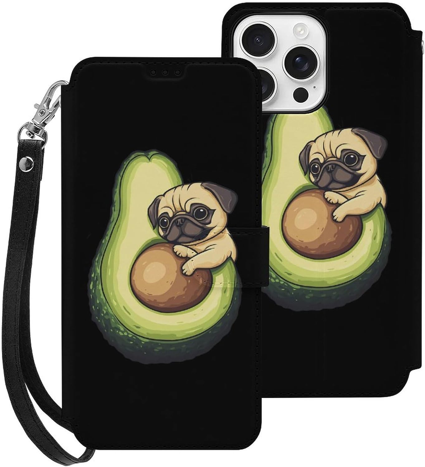 Avocado Pug Dog Compatible with iPhone 16/16 Plus/16 Pro/16 Pro Max/16 E Case Phone Wallet Card Holder Flip Cover with Wrist Strap
