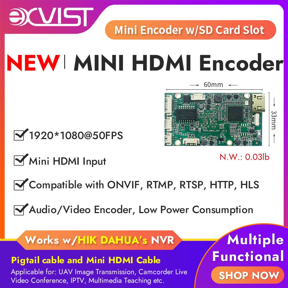 EXVIST H.265 1080P Mini HDMI Video Encoder W/SD Card Slot Max. 128G DDNS HTTP RTMP RTSP TS UDP Compatible with ONV/HK per IPTV Live Streaming su YouTube Facebook Vimeo ecc.