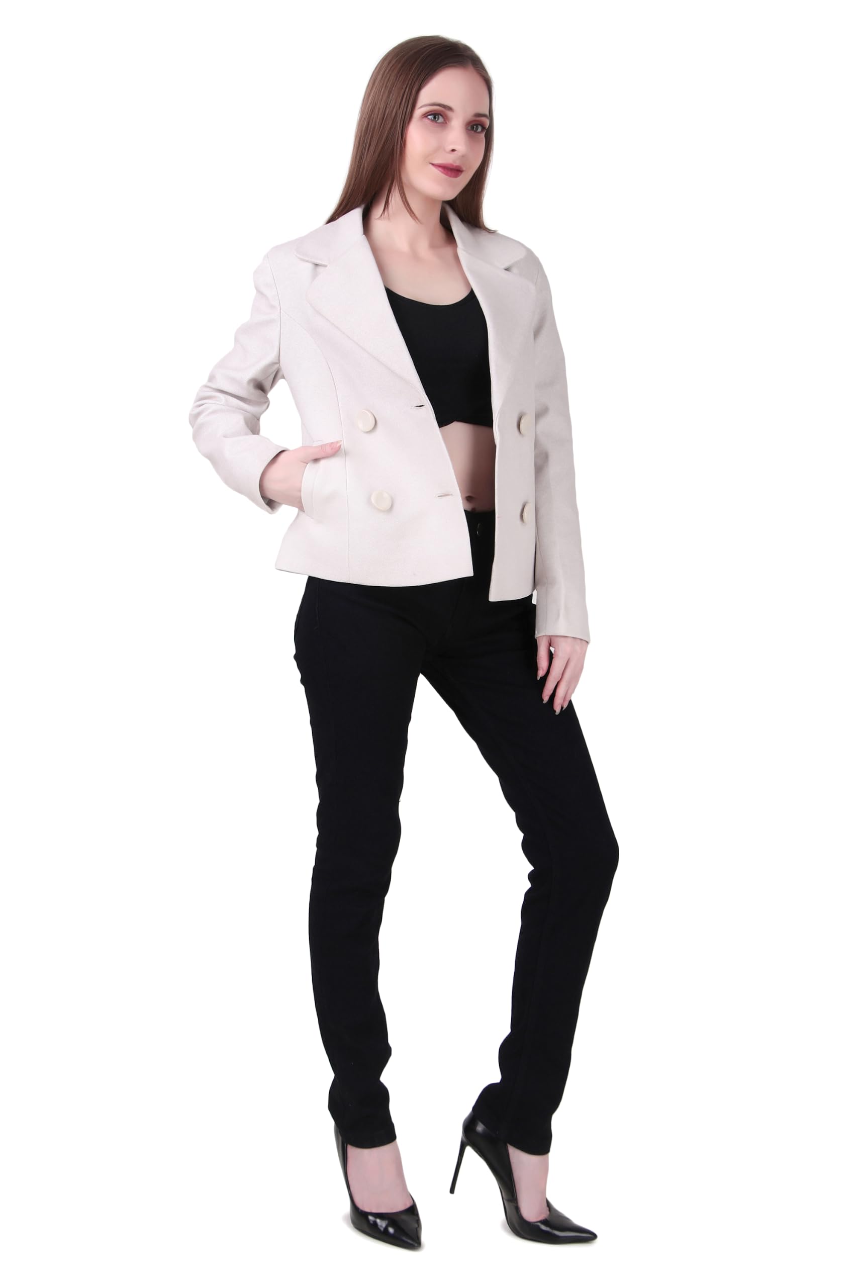 Women's Double-Breasted Blazer Jacket Solid Beige Lapel Collar-image-40