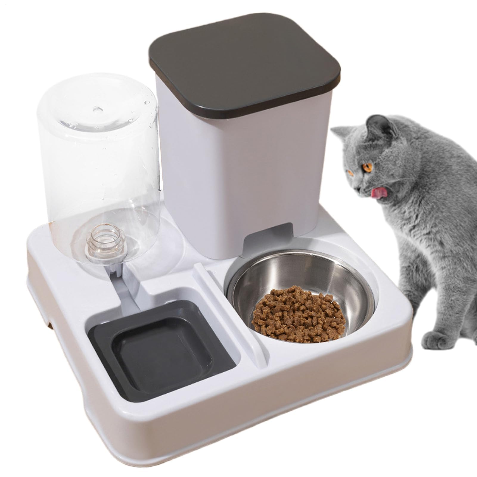 Comedero automático para Gatos， Comedero y Bebedero for Gatos, 2 en 1, Antideslizante, automático(Gray)