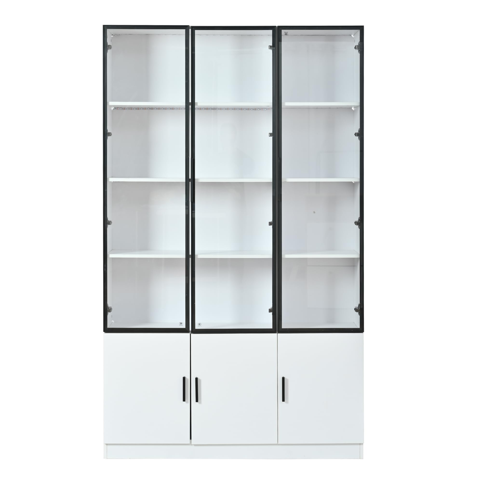Vitrina de 120 x 32 x 200 cm, vitrina de pie con 6 puertas de armario, armario alto, vitrina de cristal con LED, armario de salón de 120 cm de ancho, armario multifunción, armario grande