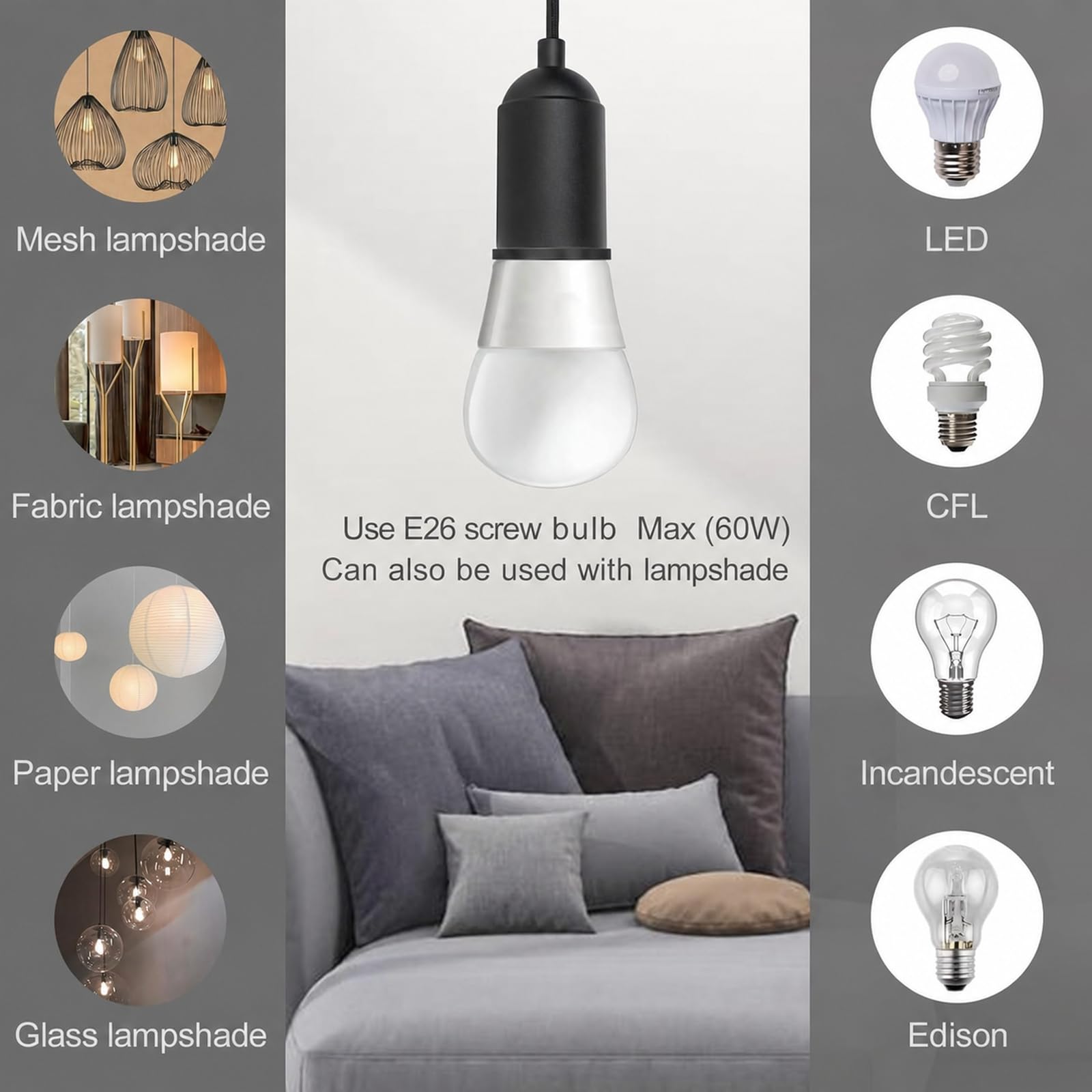 Black Swag Lamp Kit - 15FT Plug-In Pendant Light -6 Black Swag Lamp Kit - 15FT Plug-In Pendant Light -6