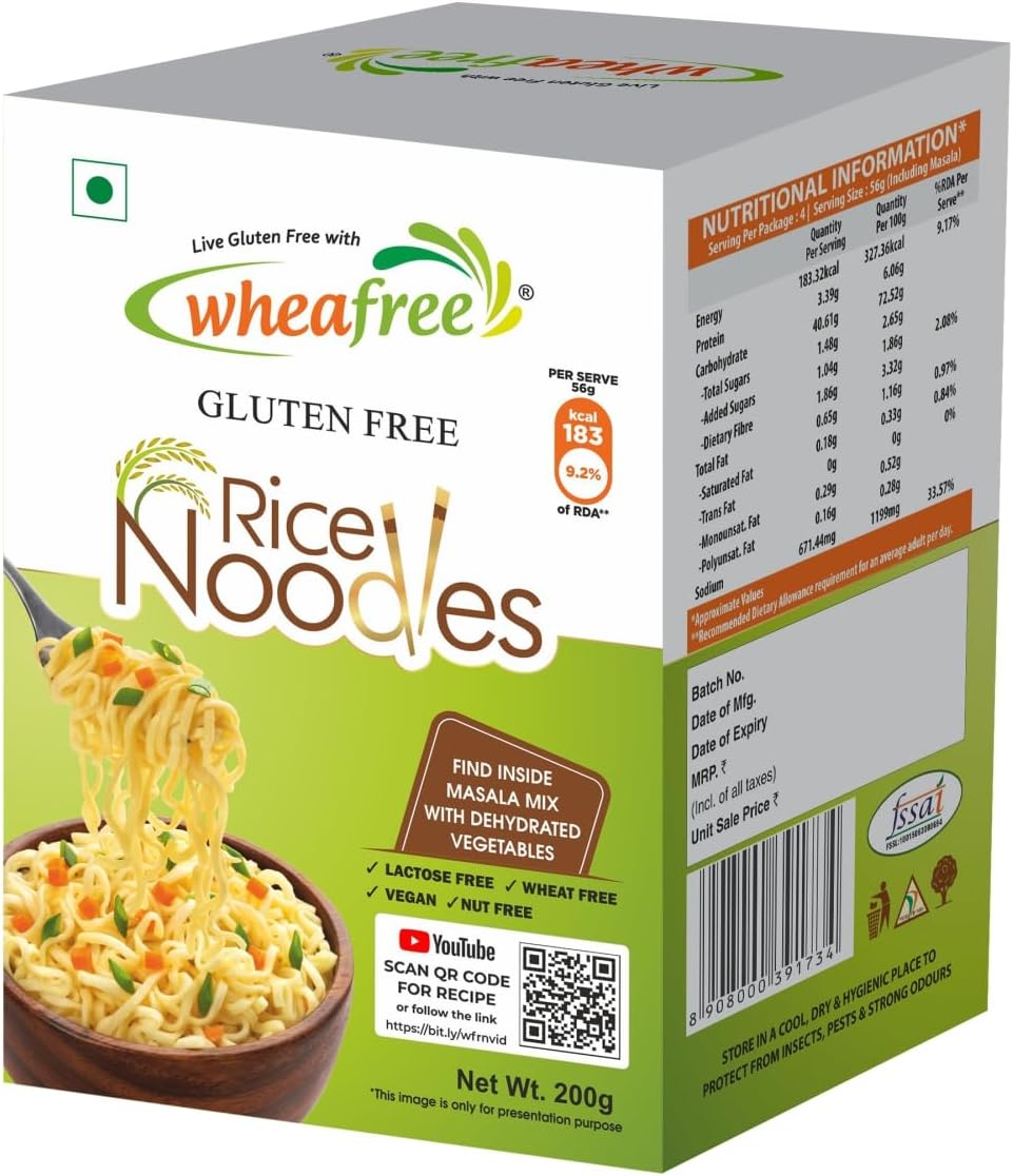 Wheafree Gluten Free Instant Rice Noodles | Masala Noodles With 14 Spices & Herbs, Source of Fibre, Iron and Vitamin A, B & C | No Maida | 200 Grams