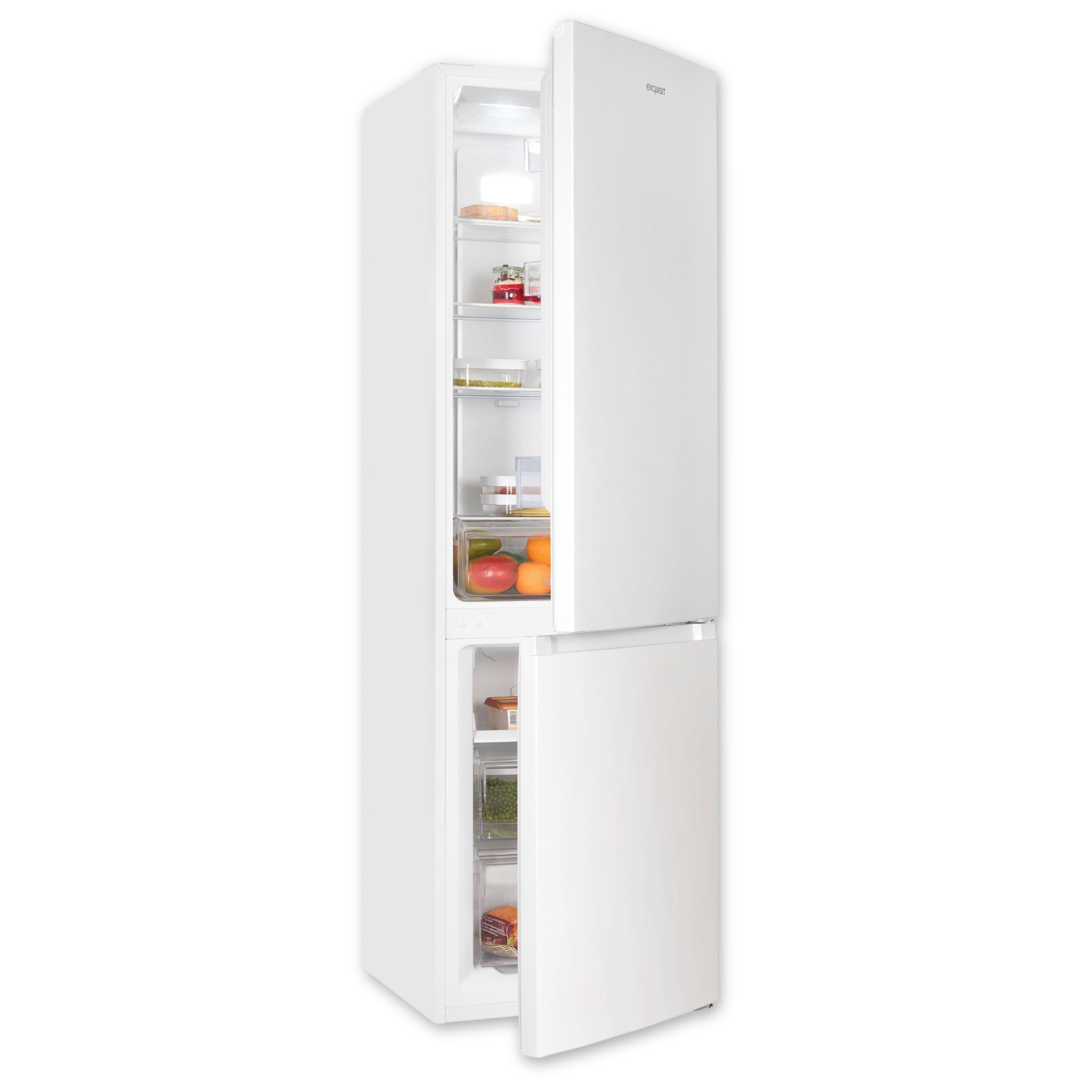 Exquisit Kühl-Gefrierkombination No-Frost 253 L, Klasse C, Weiß | Freistehend, 4-Sterne-Gefrierfach, wechselbarer Türanschlag, 39 dB(A), LED-Beleuchtung, höhenverstellbare Füße