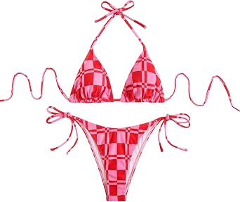 BYFINECANY Womens Plaid Printed Bathing Suit Halter High Waist Summer Swimsuit Bikinis Set
