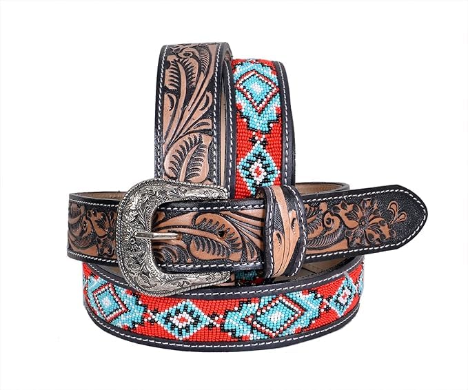 Quality Handmade Beaded Men's Leather Belt Thick Durable Wax Colorful Designs Cowboy Western Style Alloy Classic Fitted Casual Formal Wear in Pant Trouser Jeans Size: Waist 31-34in - Length 39in4
