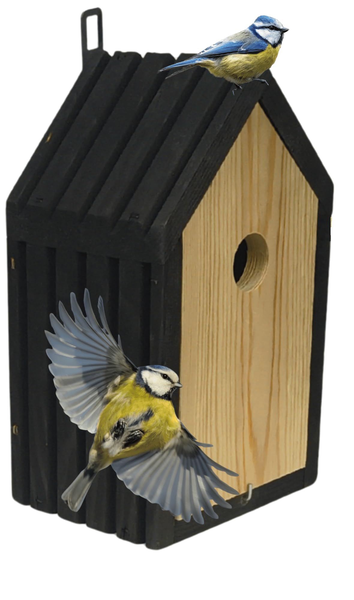 Meisen Nistkasten aus FSC® Holz mit 2,8 cm Einflugloch und mit Heu, Vogelhaus Blaumeisen & Kleinvögel, Brutkasten mit Reinigungsklappe, Futterhaken für Garten, Balkon, 26×15×12 cm, Schwarz