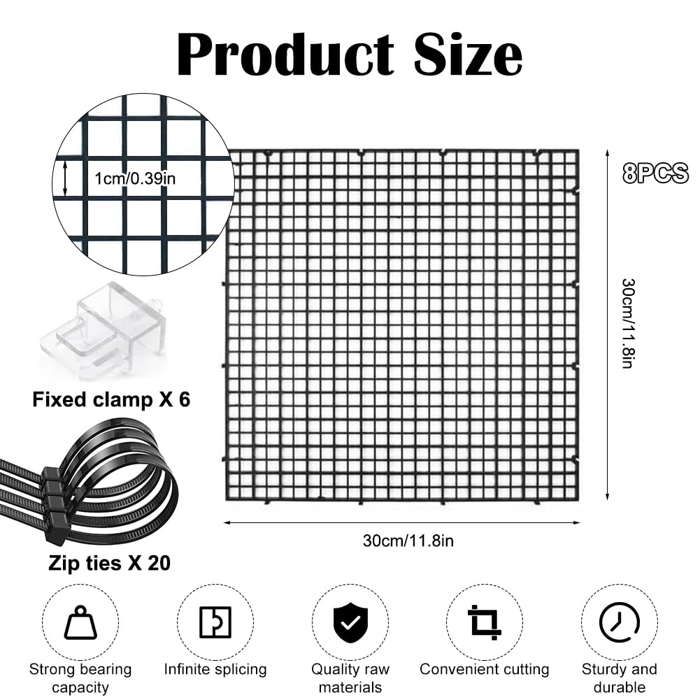 Lot de 8 grilles en plastique pour aquarium (30 x 30 cm) avec 6 supports et 20 serre-câbles, protection d'aquarium, séparateur pour protection du sol et support d'aquascaping, noir