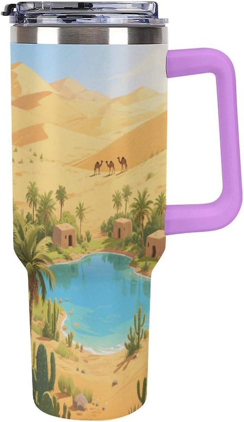Travel Coffee Mug 40OZ Thermo Cups Thermos Cup Drink Cups Desert Oasis Thermos with Cup with Handle Lid And Straw Suitable for Gifts Parties Offices Traveling