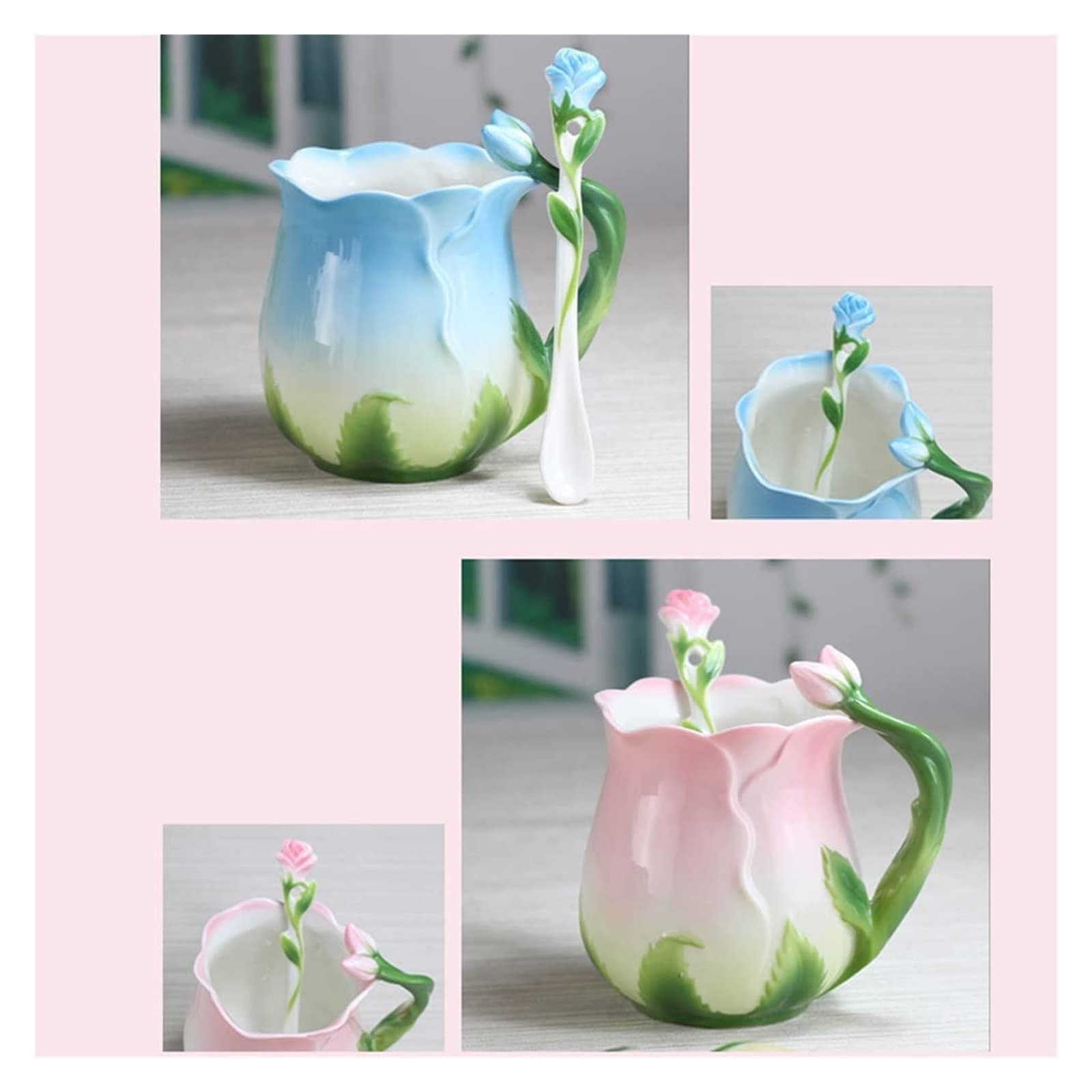 Tazas de café Tazas de café Taza Flor Creativa Taza de cerámica Hueso China Taza de café Polvo Flor Taza de té Rosa Taza Inglesa (Color : Pink)