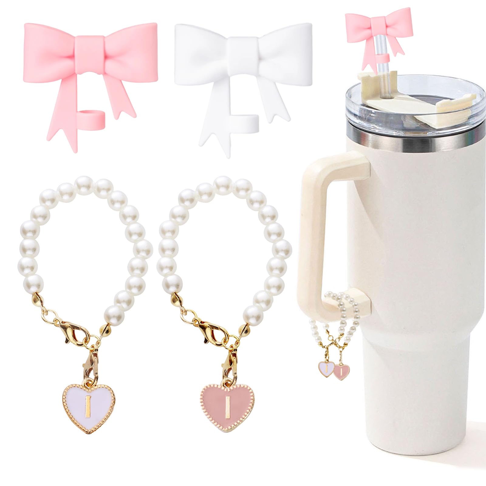 LUHOHI Pink Bow Stanley Straw Topper, 2pcs Pearl Chain for Stanley Cup Accessories Initial Letter Charms Handle with 2pcs Straw covers for Water
