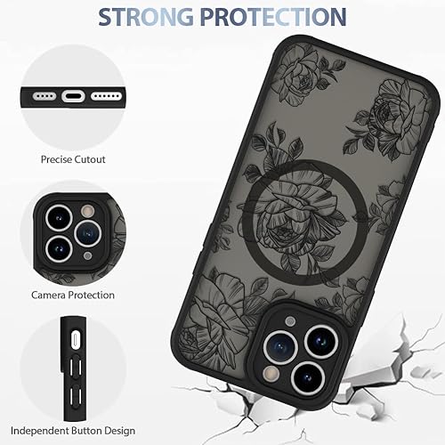 Miniatura 4 de AIGOMARA Funda para iPhone 11 Pro Max Compatible con MagSafe Diseño de patrón floral de flores negras para mujeres y niñas, de TPU suave,