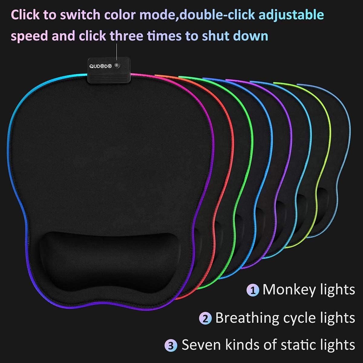 Qudodo Mouse Pad with Wrist Support,RGB Ergonomic Mouse Pads with Lycra Fabric and Non-Slip PU Base,Static and Breathing Cycle,Mouse Pads for Desk,Home,Office,Gaming Mouse Pad with Pain Relief Design