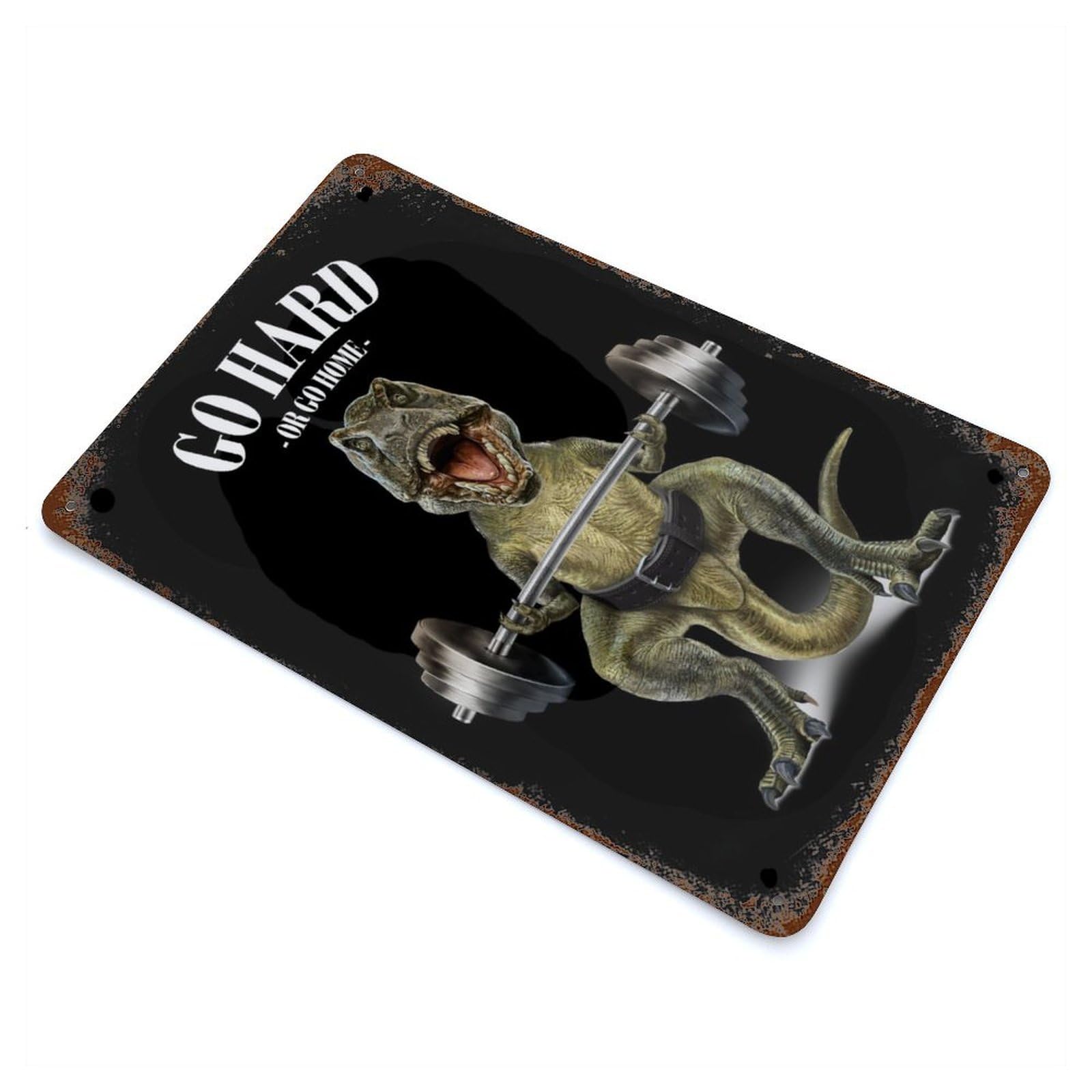 Weathered Tin Sign with Dinosaur Weightlifting Design 11.8"x7.9", for Basement, Hobby Room And Garage Decor, Industrial Home Decor