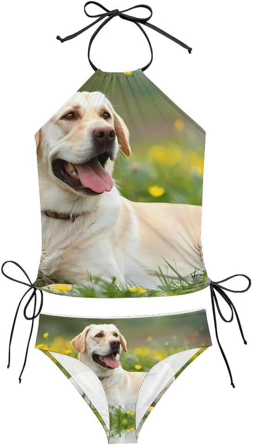 Labrador Retriever Dog Lazy Time Novelty Women's Swimwear Set 2 Pcs Tankini String Swimsuits Bathing Suits
