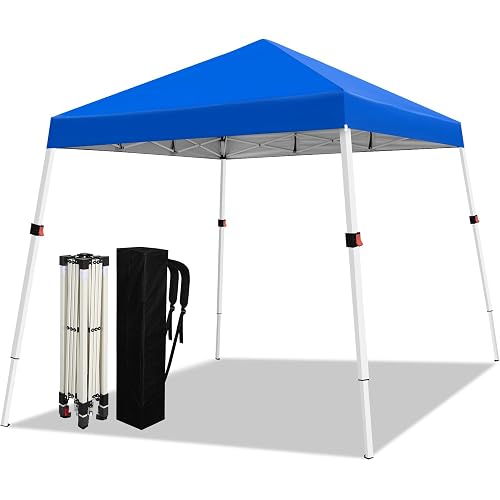 WEIZE 10x10 Slant Legs Pop Up Canopy Tent, 1-Button Push Setup Canopy Tent, Adjustable Height Instant Portable Shelter, Protable Backpack, Easy Outdoor Sun Shade for Events, 8x8 Top, Blue