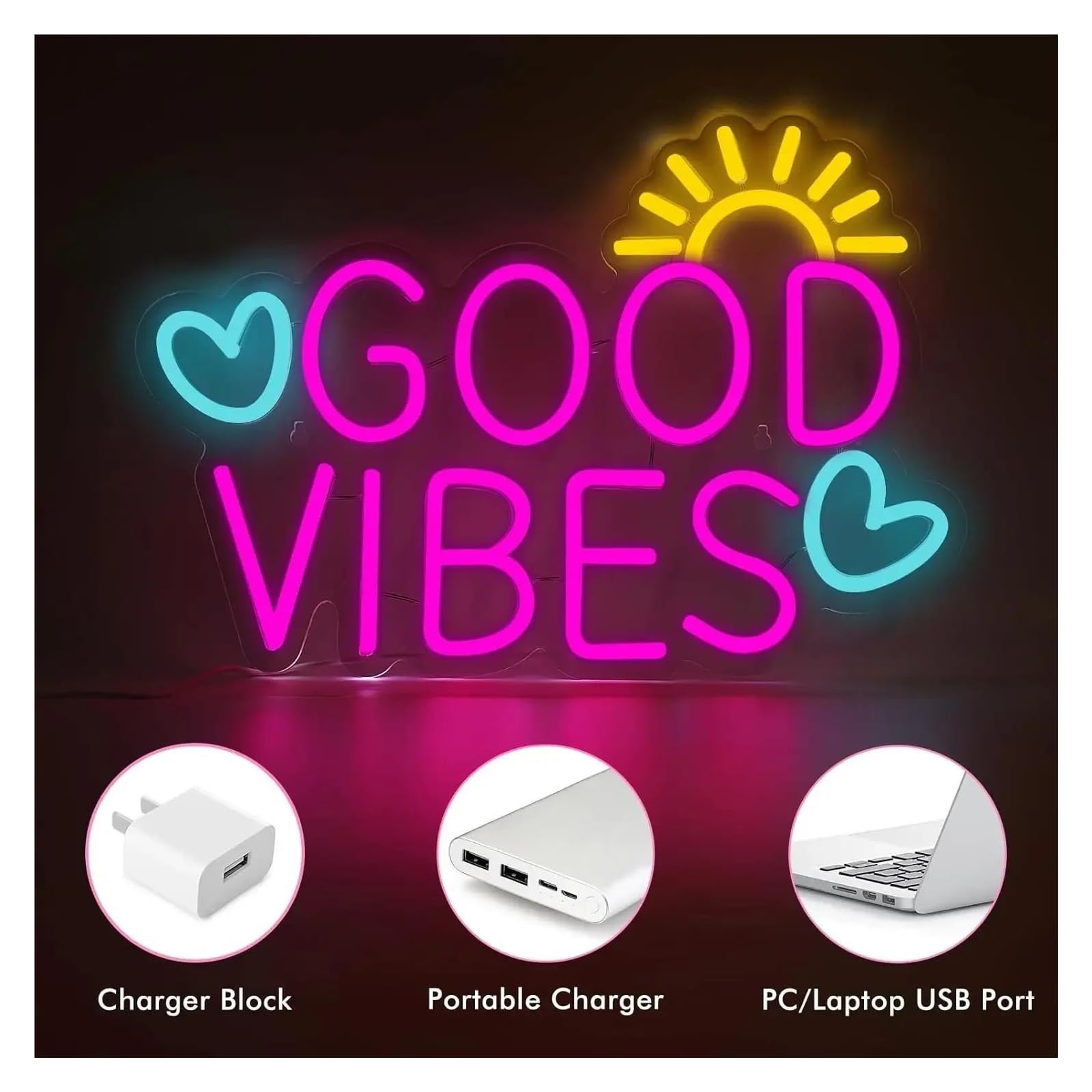 Luz de Diseño de Digital Letrero De Neón Rosa Good Vibes Luz LED Regulable Alimentada Por USB Para Sala De Estar, Dormitorio Decoración, Arte De Pared Para El Hogar 28.7cm×41.9cm