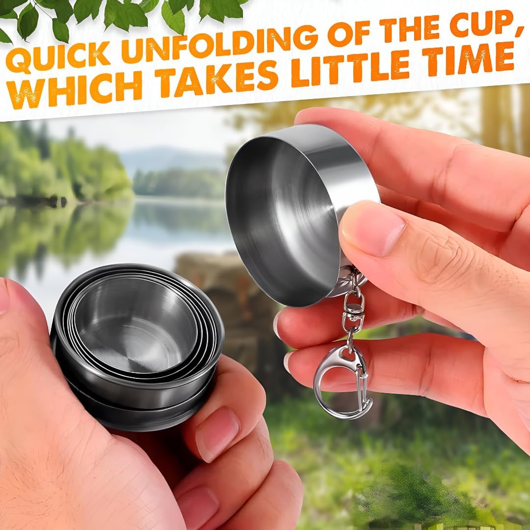 SNEHMURTI Stainless Steel Collapsible Travel Cup with Keychain Case | Foldable Portable Drinking Cup | Reusable Camping & Hiking Cup for Outdoor, Gym, Office & Travel -150 ML (Pack of 1) 3