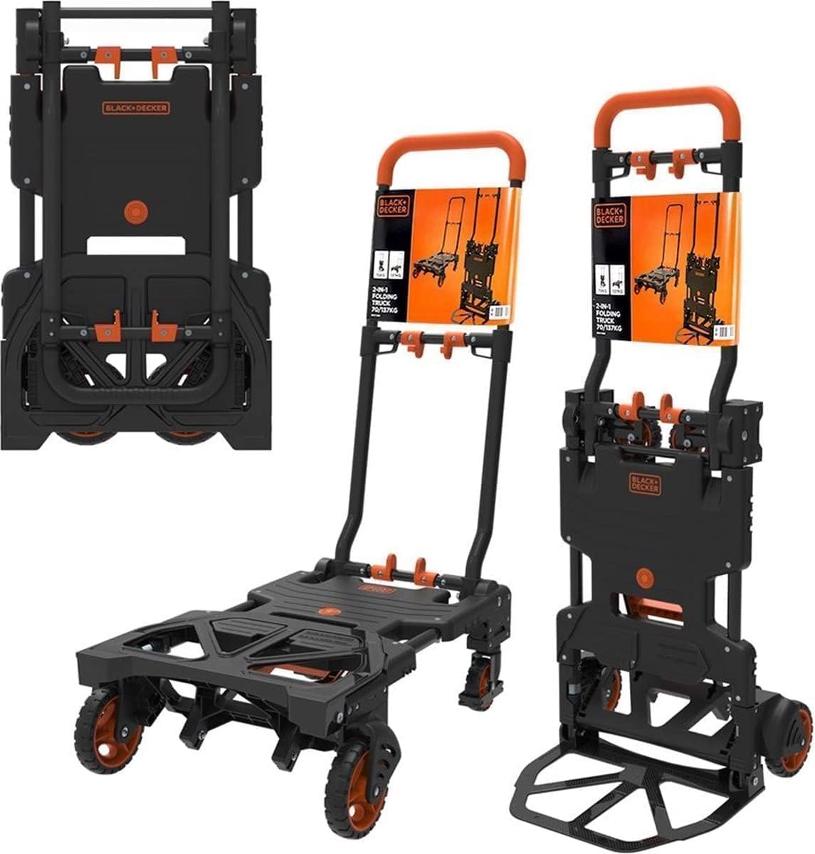 Black+Decker 2-en-1 Carro y Caretilla Plegable - Carretilla de Carga MAX. 55KG - Caretilla de Mano MAX. 120KG - Carro Plataforma con Ruedas Robustas - Plástico/Acero