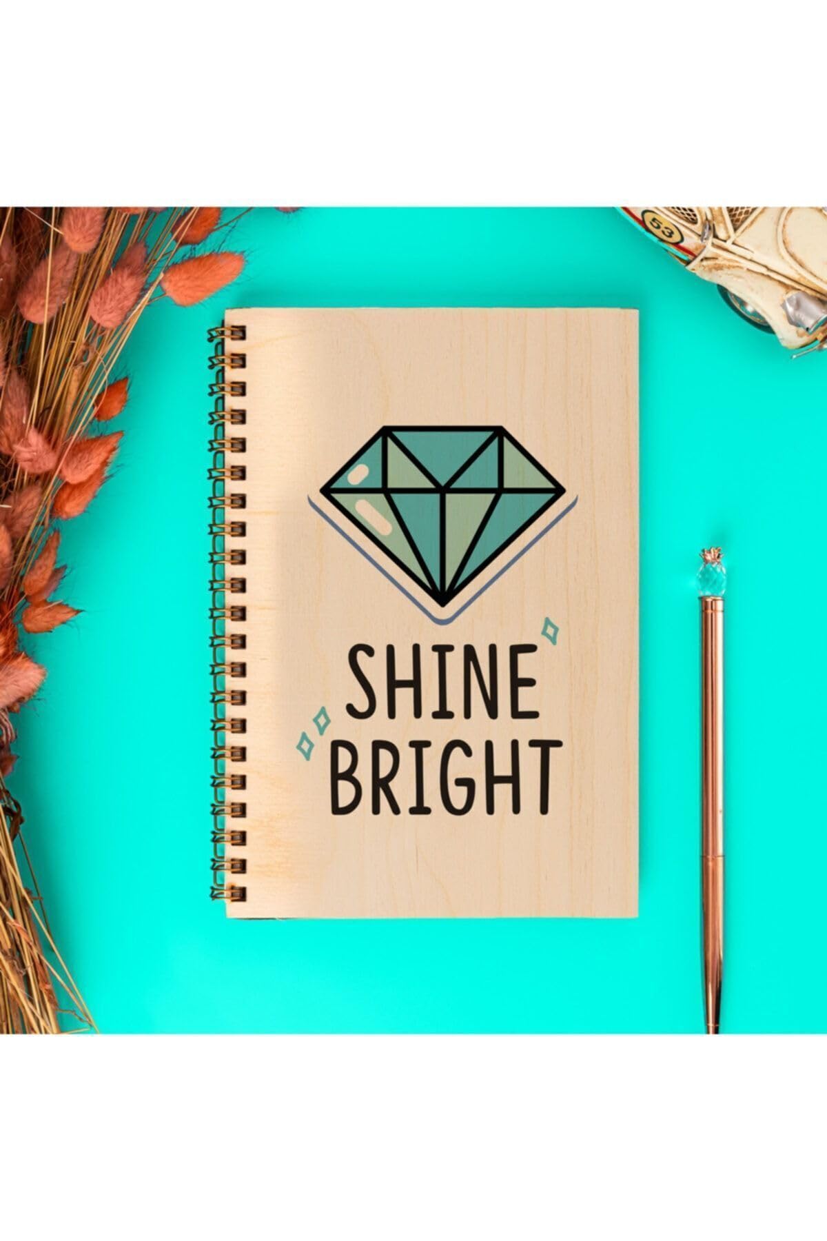 Shine Bright Tasarımlı Ahşap Kapaklı Defter – 12x18 cm, 48 Yaprak, Çizgisiz | Motivasyon Defteri