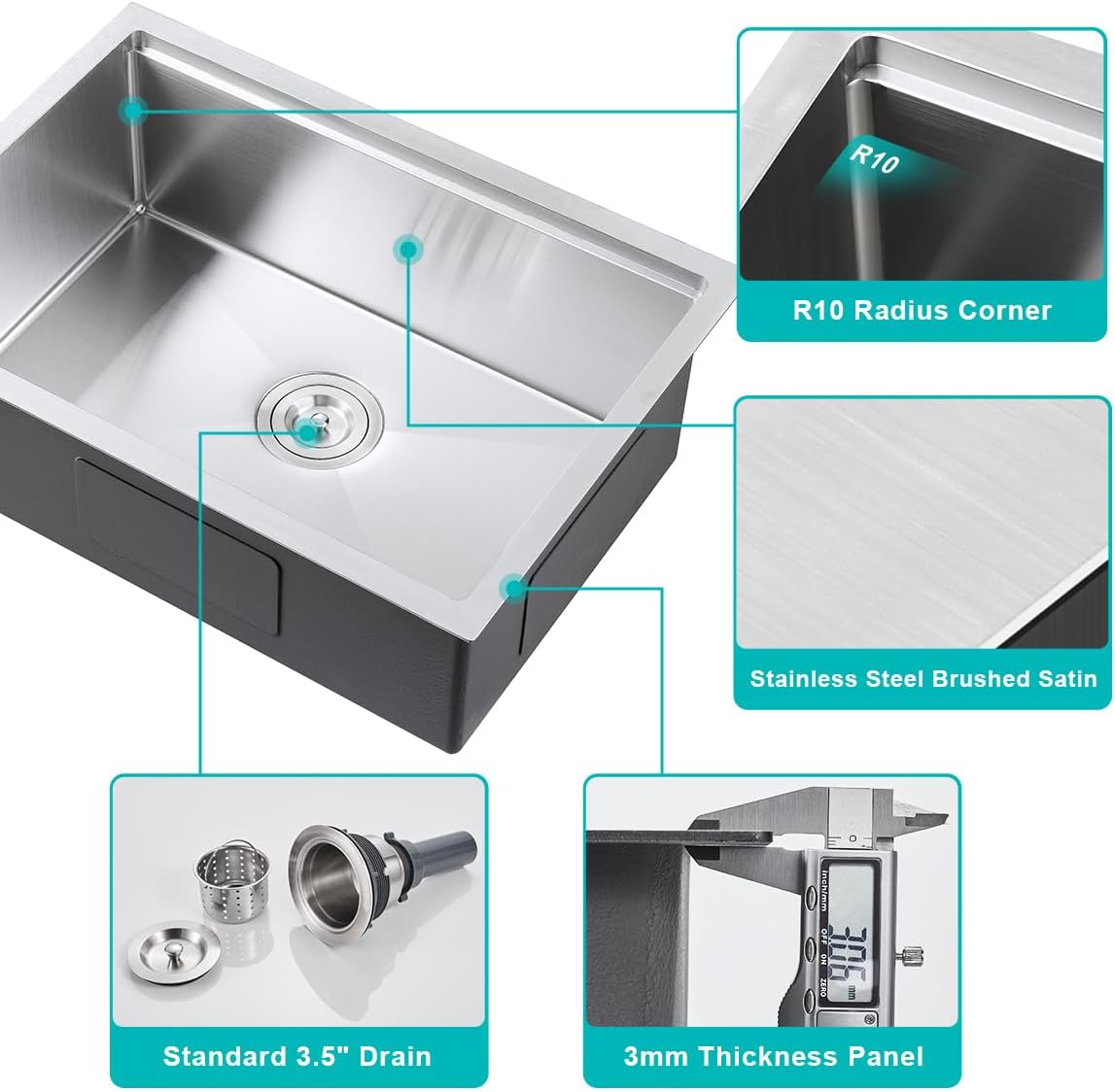 23" Undermount Workstation Sink 18 Gauge 304 Stainless Steel | Compact 23"x18"x9" Undermount Single Bowl Sink,Includes Sliding Cutting Board, Drying Rack, Colander & Grid for Small Kitchen