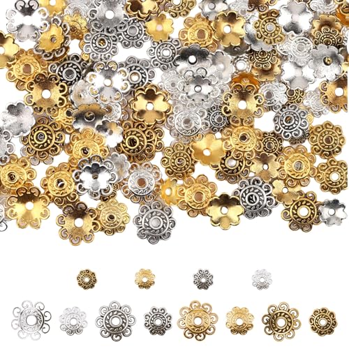Fampery 120Pcs Spacer Beads Caps Gold & Silver Bali Style Flower Bead Caps