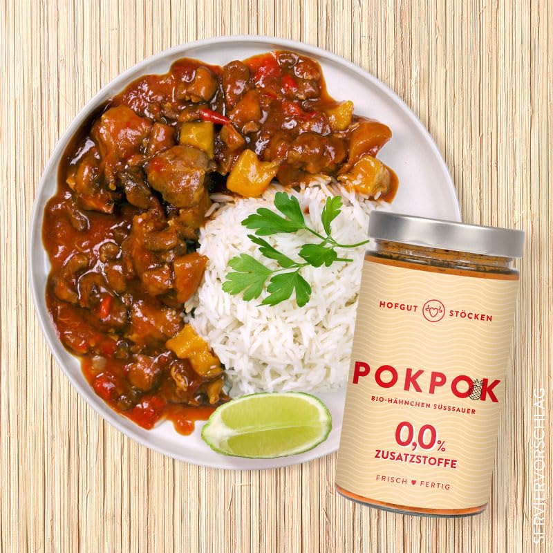 POKPOK - Bio-Hähnchen süßsauer Hofgut Stöcken | POKPOK - Bio-Hähnchen süßsauer | Fertiggericht ohne Zusatzstoffe (6x620ml)