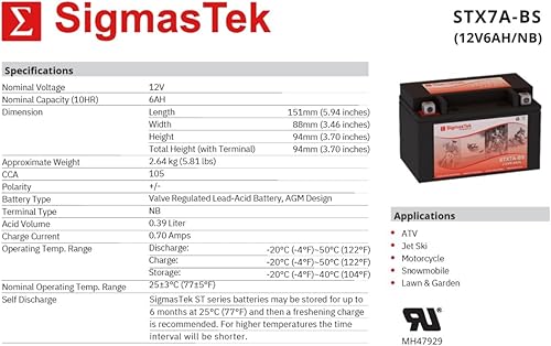Miniatura 3 de Batería de motocicleta GTX7A-BS compatible con SLA de SigmasTek, STX7A-BS 105CCA